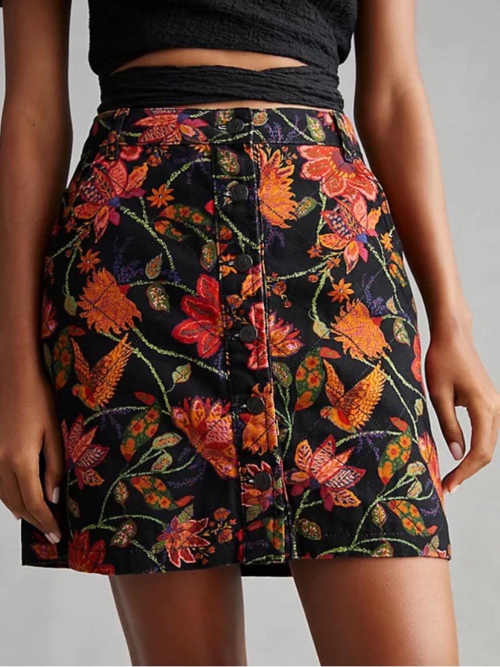 FARM Rio x Anthropologie Quilted Denim Mini Skirt Black and Red Floral